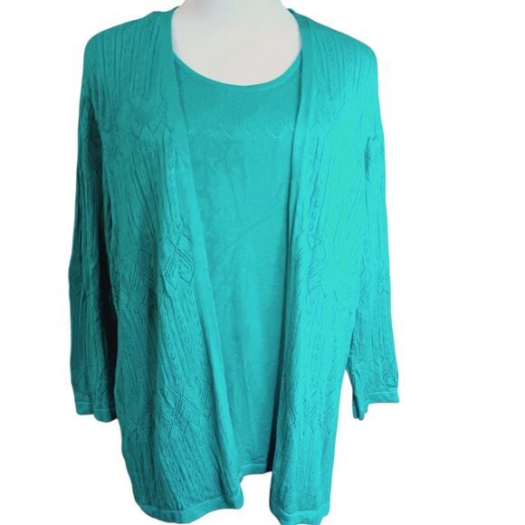 ALFRED DUNNER Sweater Cardigan Cami XL Attached Twinset Turquoise Teal Knitted - Picture 1 of 11